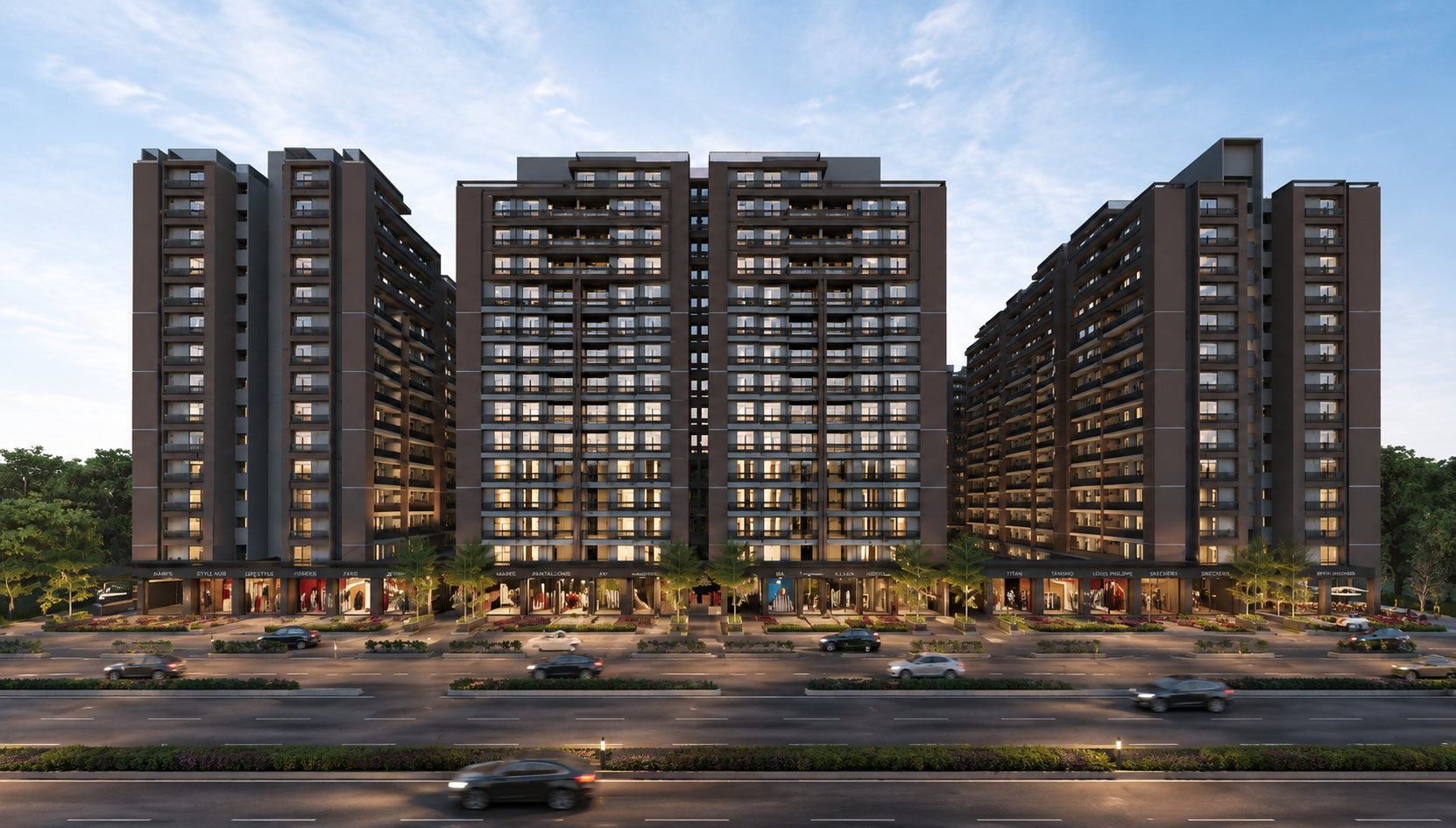 Rameshwar City — artist's impression, front elevation with street