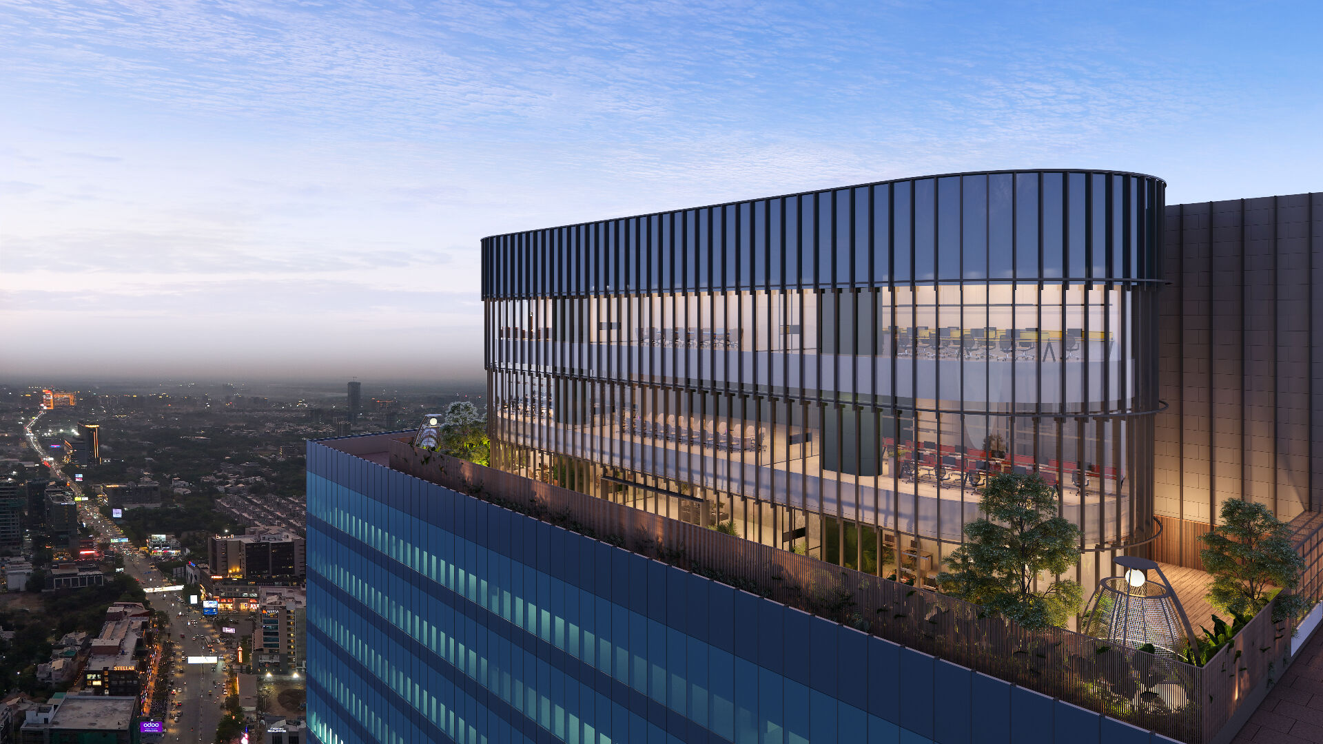 A. Shridhar WYNN — artist's impression, corporate house rooftop terrace at dusk